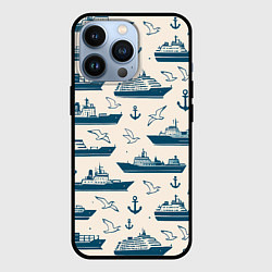 Чехол для iPhone 13 Pro Морской паттерн из чаек, якорей и кораблей, цвет: 3D-черный