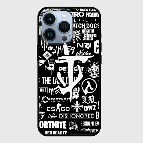Чехол iPhone 13 Pro Doom логотипы всех игр / 3D-Черный – фото 1
