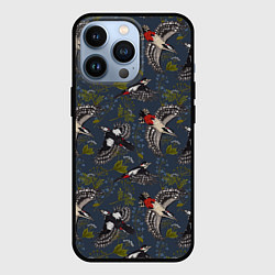 Чехол для iPhone 13 Pro Дятлы и цветы, цвет: 3D-черный