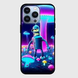 Чехол для iPhone 13 Pro Робот-сгибальщик Бендер на поляне неоновых грибов, цвет: 3D-черный