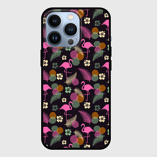 Чехол iPhone 13 Pro Фламинго и листья на темно-синем / 3D-Черный – фото 1