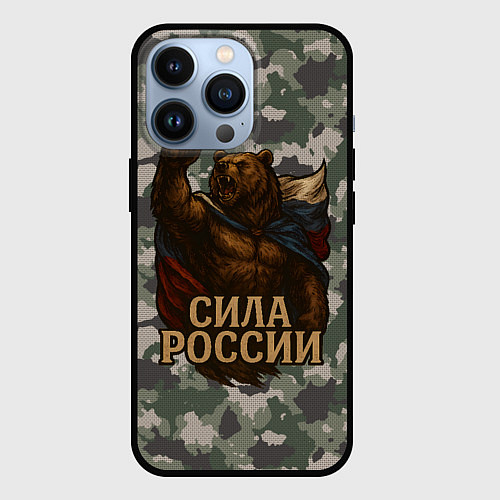 Чехол iPhone 13 Pro Сила России - медведь с флагом / 3D-Черный – фото 1