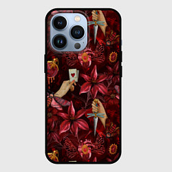 Чехол для iPhone 13 Pro Бордовая готика с сердцем, лилиями и мотыльками, цвет: 3D-черный