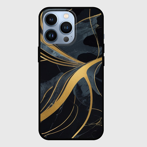 Чехол iPhone 13 Pro Мраморный узор с золотыми полосками / 3D-Черный – фото 1