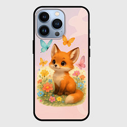 Чехол для iPhone 13 Pro Лисичка с бабочками и цветочками, цвет: 3D-черный
