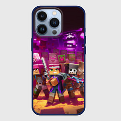 Чехол для iPhone 13 Pro Майнкрафт - герои в окружении, цвет: 3D-тёмно-синий