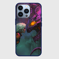 Чехол для iPhone 13 Pro Цири и чудовище смотрят друг на друга, цвет: 3D-тёмно-синий