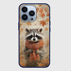 Чехол для iPhone 13 Pro Осенней енот в шарфе, цвет: 3D-тёмно-синий