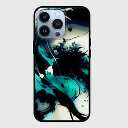 Чехол для iPhone 13 Pro Чёрный с бирюзовым абстракция тёмные краски, цвет: 3D-черный