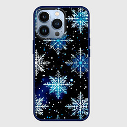 Чехол для iPhone 13 Pro Стилизованный чёрно-синий со снежинками, цвет: 3D-тёмно-синий