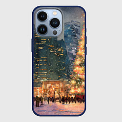 Чехол для iPhone 13 Pro Москва - сити и новогодняя елка, цвет: 3D-тёмно-синий