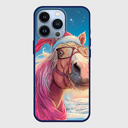 Чехол для iPhone 13 Pro Новогодняя лошадь в очках, цвет: 3D-тёмно-синий