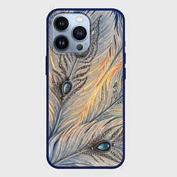 Чехол для iPhone 13 Pro Синие перья с самоцветами, цвет: 3D-тёмно-синий