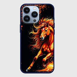 Чехол для iPhone 13 Pro Огненный конь в русской хохломе, цвет: 3D-тёмно-синий