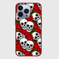 Чехол для iPhone 13 Pro Черепа в розах, цвет: 3D-красный