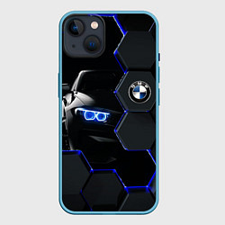 Чехол для iPhone 14 Plus BMW НЕОН СОТЫ, цвет: 3D-голубой