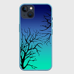 Чехол для iPhone 14 Plus Черные абстрактные ветки деревьев на сине-зеленом, цвет: 3D-голубой