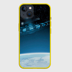Чехол для iPhone 14 Plus Космический корабль в космосе над планетой, цвет: 3D-желтый
