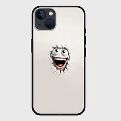 Чехол для iPhone 14 Plus Белая мордашка смайла и дырка в треснувшей стене, цвет: 3D-черный