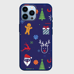 Чехол для iPhone 14 Pro Max Новый год олени, ангелы, снежинки, цвет: 3D-тёмно-синий