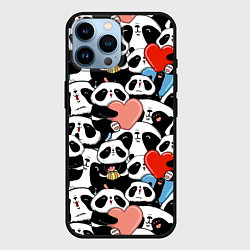 Чехол для iPhone 14 Pro Max Панды с сердечками, цвет: 3D-черный