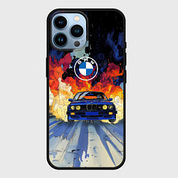 Чехол для iPhone 14 Pro Max Синяя БМВ за огнем, цвет: 3D-черный