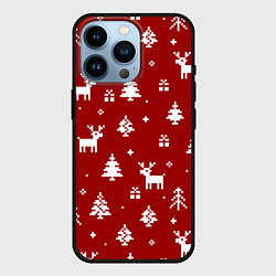 Чехол для iPhone 14 Pro Новогодние олени и елки на красном фоне, цвет: 3D-черный