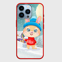 Чехол для iPhone 14 Pro Зайка чистит снег, цвет: 3D-красный