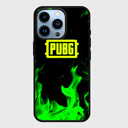 Чехол для iPhone 14 Pro PUBG кислотное лого огненный стиль, цвет: 3D-черный