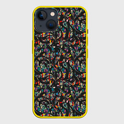 Чехол для iPhone 14 Разноцветная абстракция Black, цвет: 3D-желтый