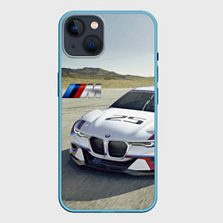 Чехол для iPhone 14 Спортивная бэха на гоночной трассе, цвет: 3D-голубой