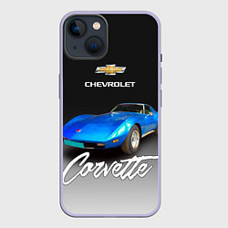 Чехол для iPhone 14 Синий Chevrolet Corvette 70-х годов, цвет: 3D-светло-сиреневый