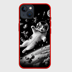 Чехол для iPhone 14 Офигевший котейка в безвоздушном пространстве, цвет: 3D-красный