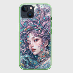Чехол для iPhone 14 Морская русалка, цвет: 3D-салатовый