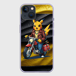 Чехол для iPhone 14 Пикачу байкер на мотоцикле, цвет: 3D-светло-сиреневый