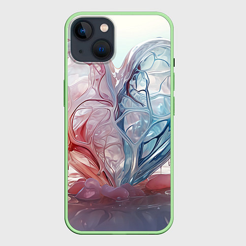 Чехол iPhone 14 Сердце - плазменная текстура / 3D-Салатовый – фото 1