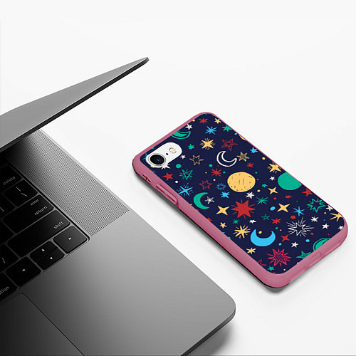 Чехол iPhone 7/8 матовый Звездное небо / 3D-Малиновый – фото 3