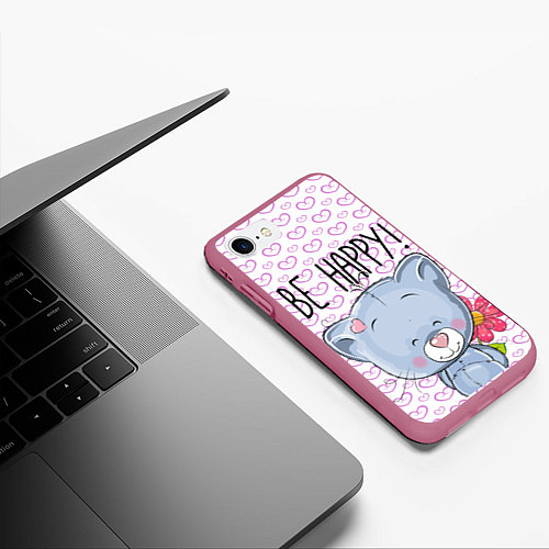 Чехол iPhone 7/8 матовый Cat: Be Happy / 3D-Малиновый – фото 3