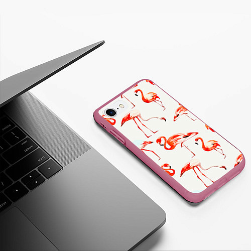 Чехол iPhone 7/8 матовый Оранжевые фламинго / 3D-Малиновый – фото 3