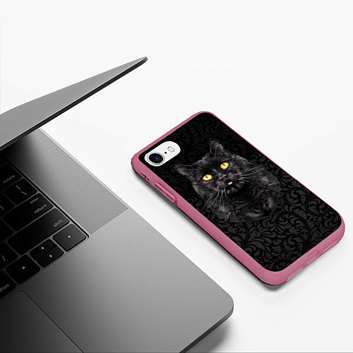 Чехол iPhone 7/8 матовый Чёрный котик / 3D-Малиновый – фото 3