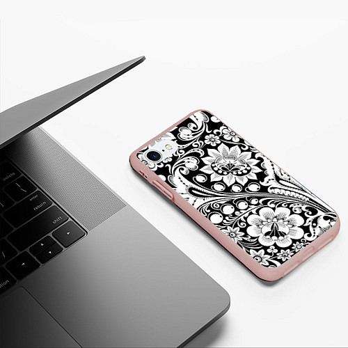 Чехол iPhone 7/8 матовый Хохлома черно-белая / 3D-Светло-розовый – фото 3