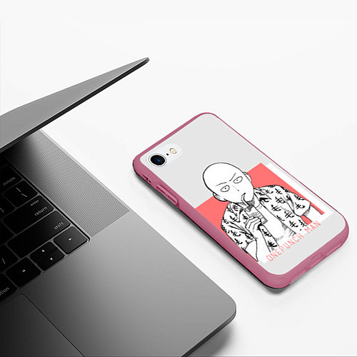 Чехол iPhone 7/8 матовый Saitama: One-Punch Man / 3D-Малиновый – фото 3