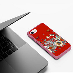 Чехол iPhone 7/8 матовый Орнамент с птицами, цвет: 3D-малиновый — фото 2