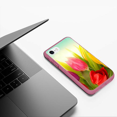 Чехол iPhone 7/8 матовый Цветущие тюльпаны / 3D-Малиновый – фото 3