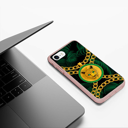 Чехол iPhone 7/8 матовый Золотой леопард и цепь / 3D-Светло-розовый – фото 3