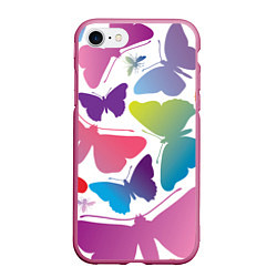 Чехол iPhone 7/8 матовый Разноцветные бабочки, цвет: 3D-малиновый