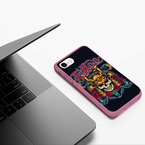 Чехол iPhone 7/8 матовый Череп со змеями Тату-Воин / 3D-Малиновый – фото 3