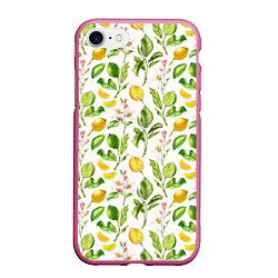 Чехол iPhone 7/8 матовый Летний узор лимон ветки листья, цвет: 3D-малиновый