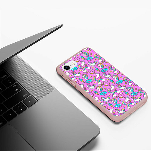 Чехол iPhone 7/8 матовый Единороги и пончики / 3D-Светло-розовый – фото 3