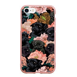 Чехол iPhone 7/8 матовый Мопсы и Цветы, цвет: 3D-светло-розовый